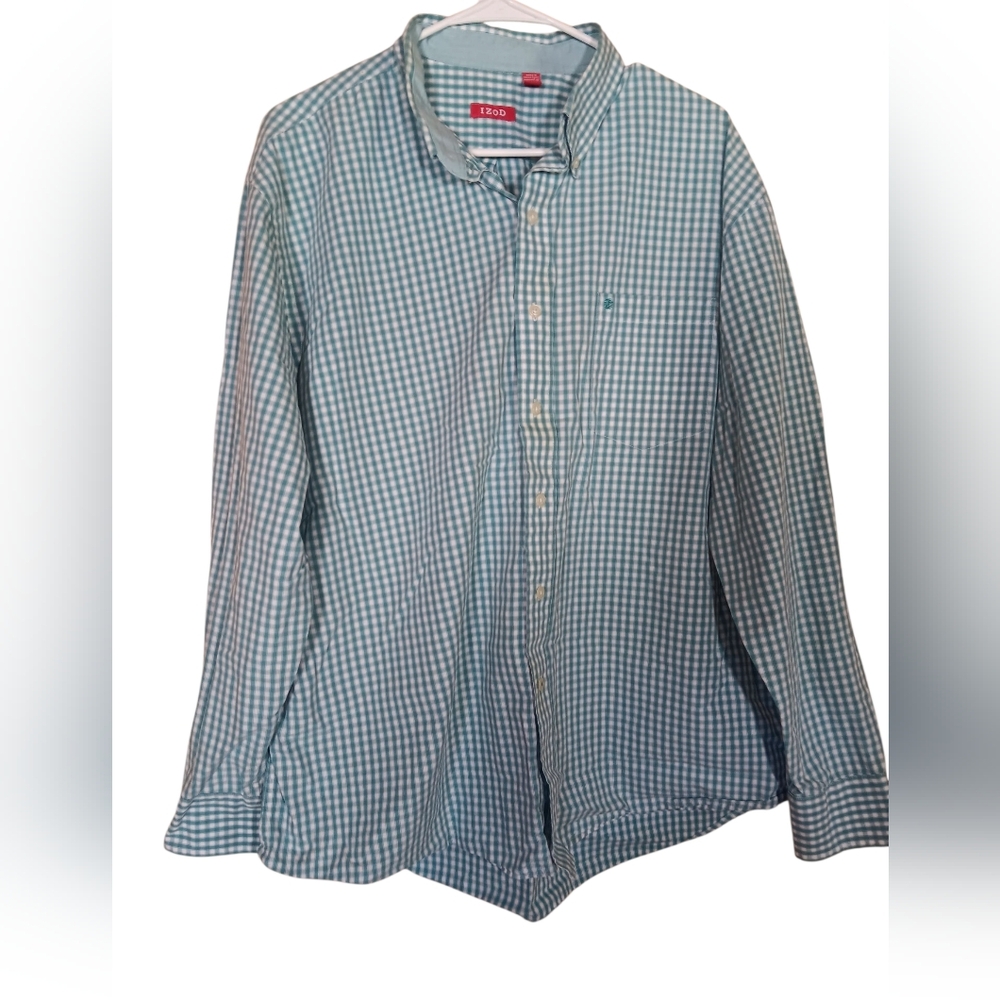 Izod Men's Green and White Checkered Shirt